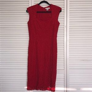 Red Lace Fitted Midi Dress